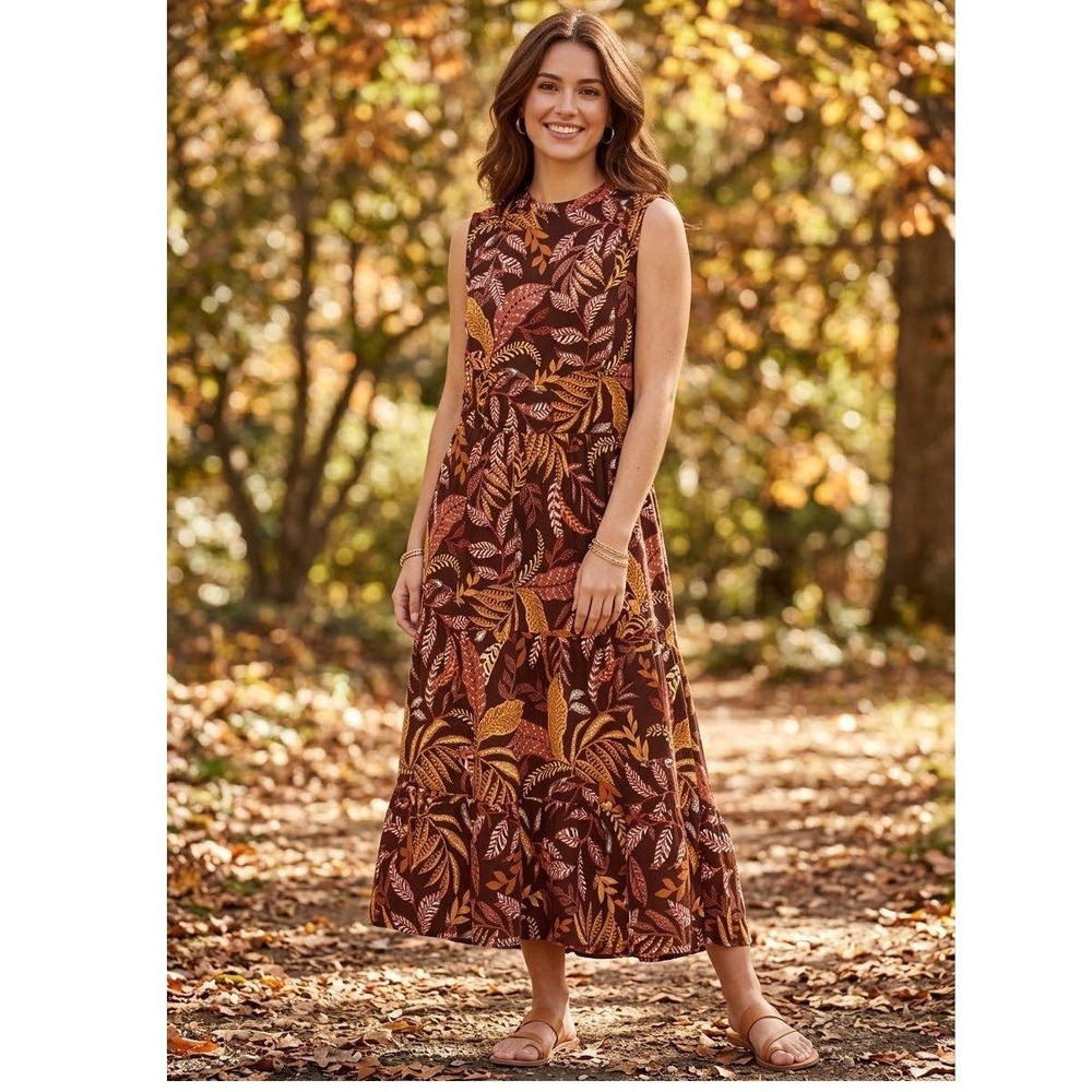 Ella Rafaella Womens 3X Burgundy Tropical Leaf Print Tiered Maxi Dress NWT